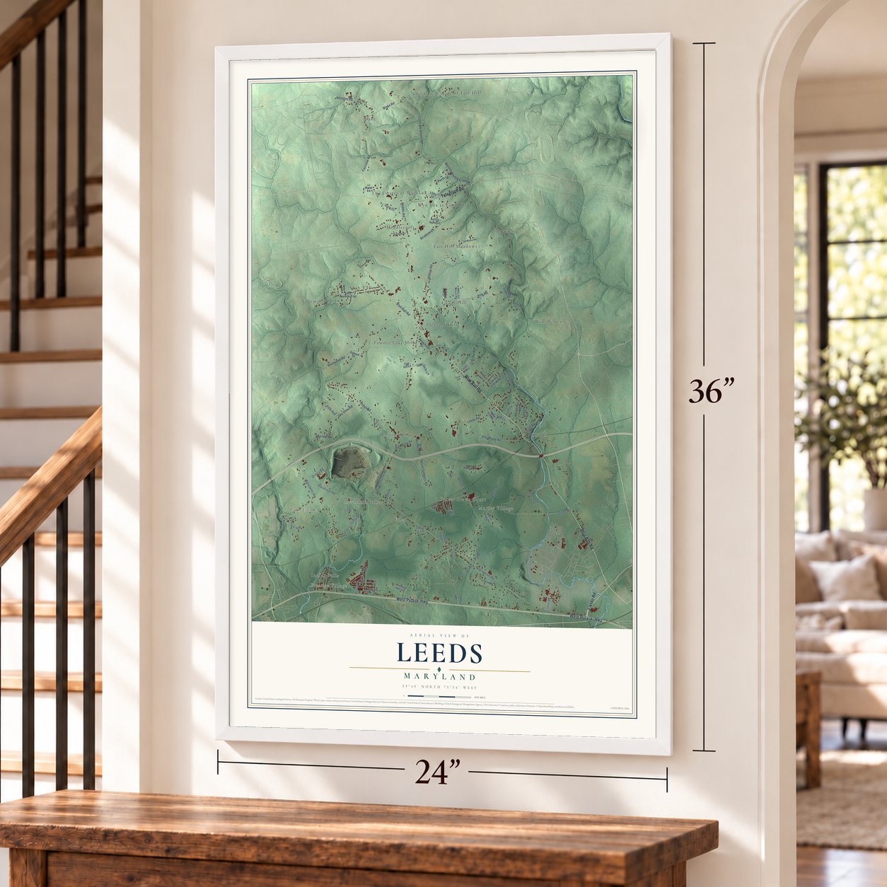 Leeds, Maryland map, 24 x 36 inch print in a white frame by a staircase