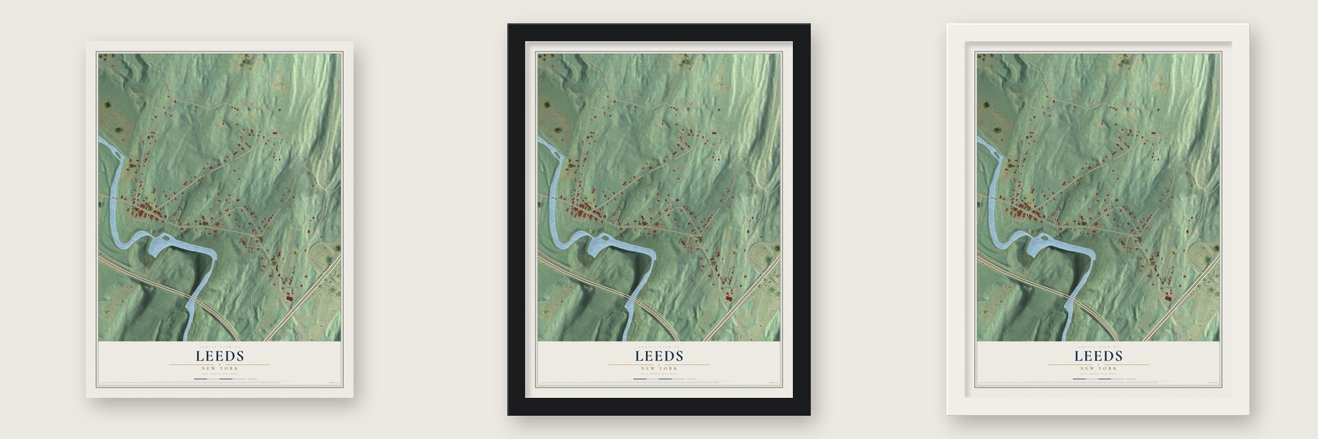 Leeds, New York map unframed, in a black wood frame and in a white wood frame
