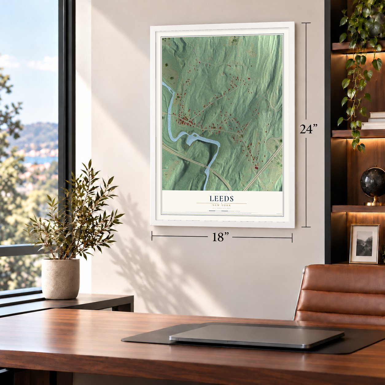 Leeds, New York map, 18 x 24 inch print in a white frame in a home office