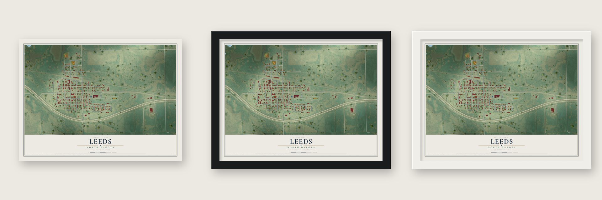 Leeds, North Dakota map unframed, in a black wood frame and in a white wood frame