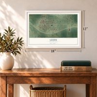 Leeds, North Dakota map, 12 x 18 inch print in a white frame in an entryway