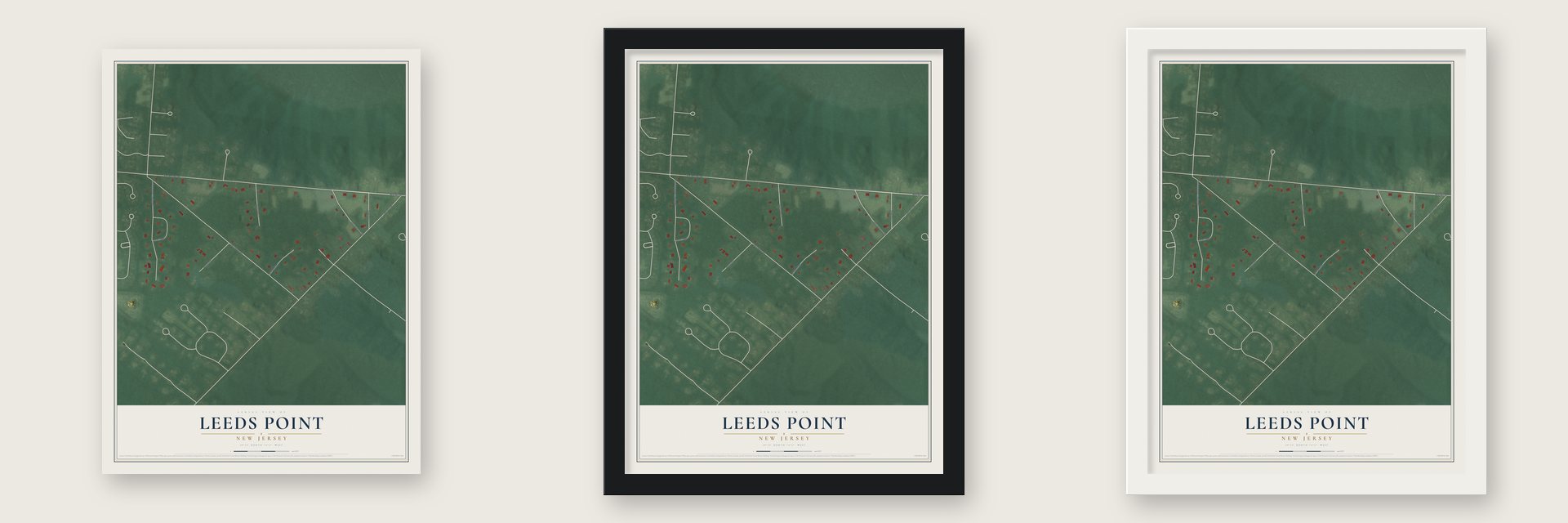 Leeds Point, New Jersey map unframed, in a black wood frame and in a white wood frame