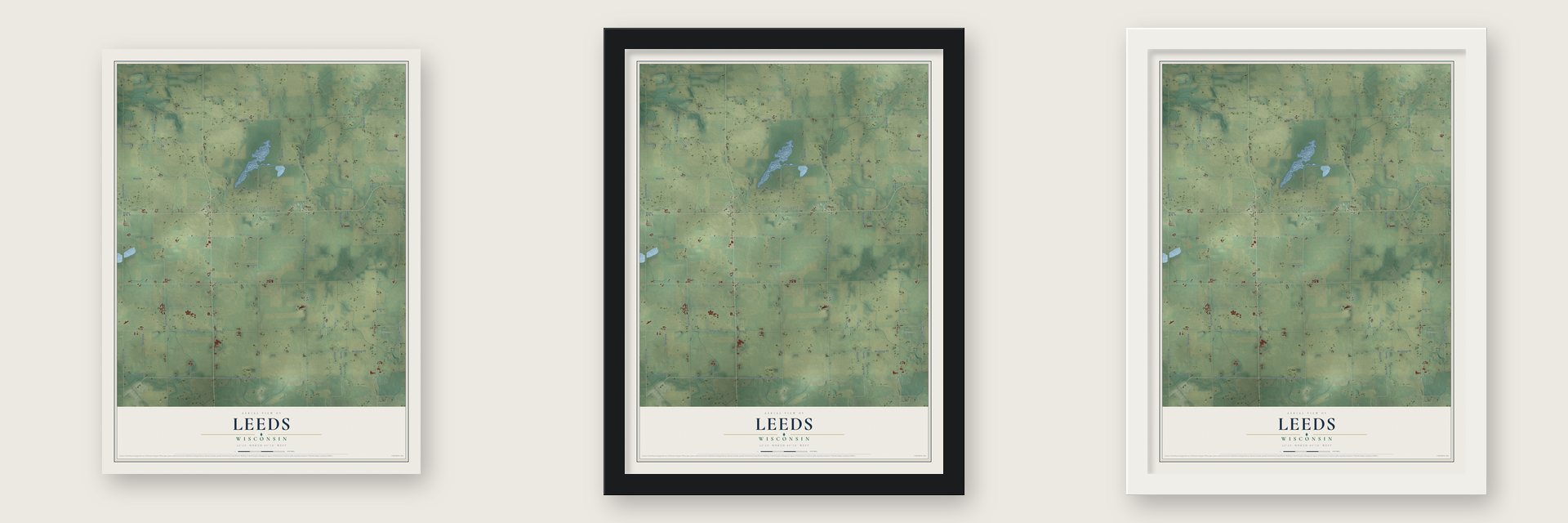 Leeds, Wisconsin map unframed, in a black wood frame and in a white wood frame