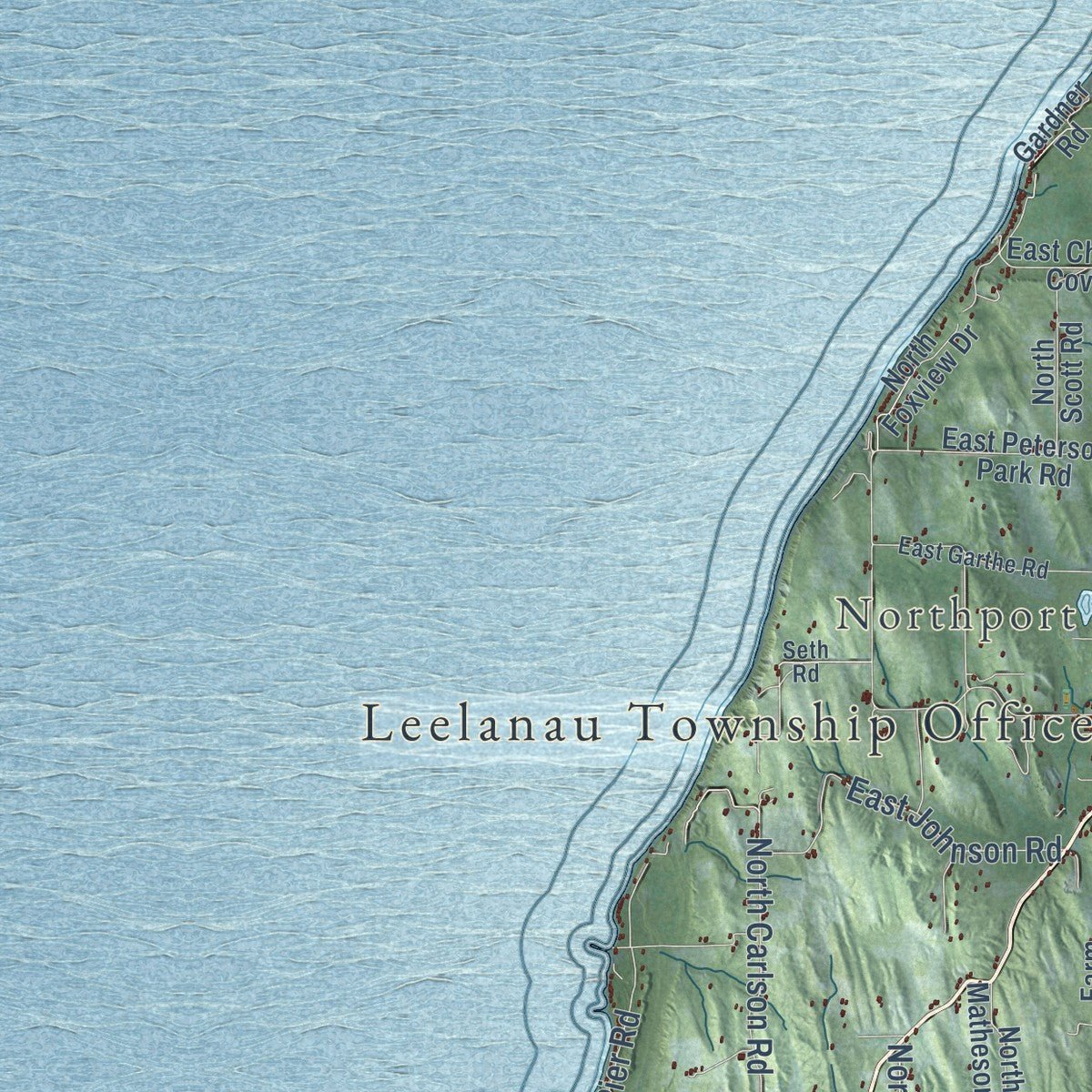 Second close-up of the map of Leelanau, Michigan print showing more streets and buildings