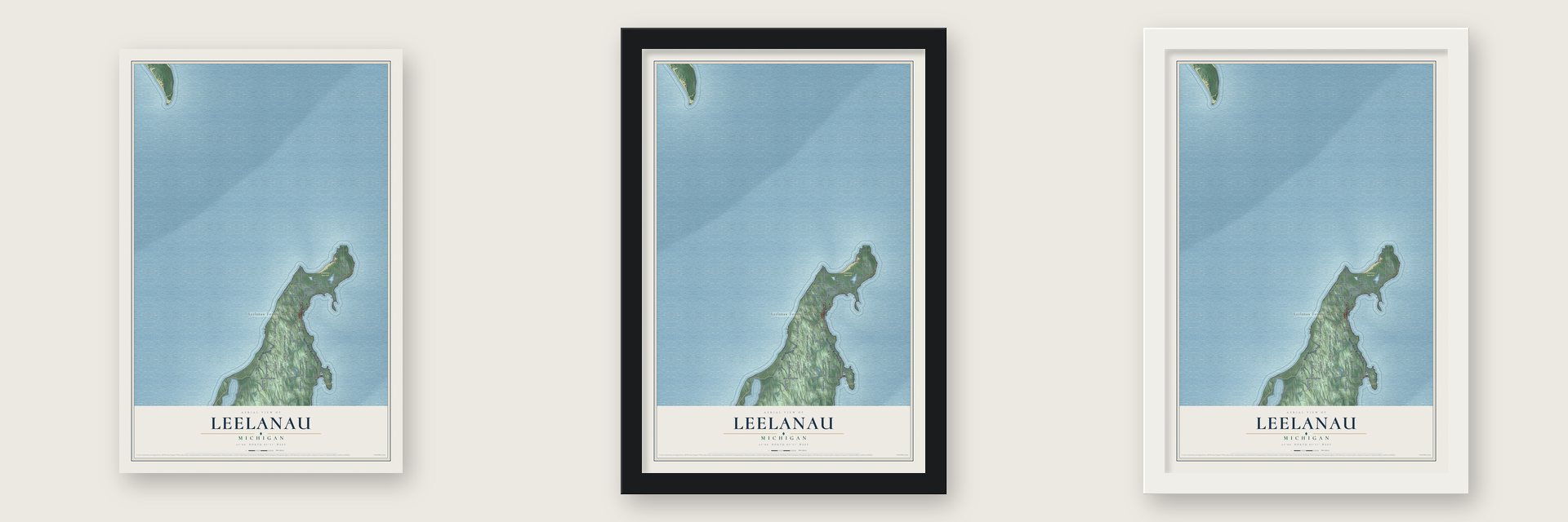 Leelanau, Michigan map unframed, in a black wood frame and in a white wood frame
