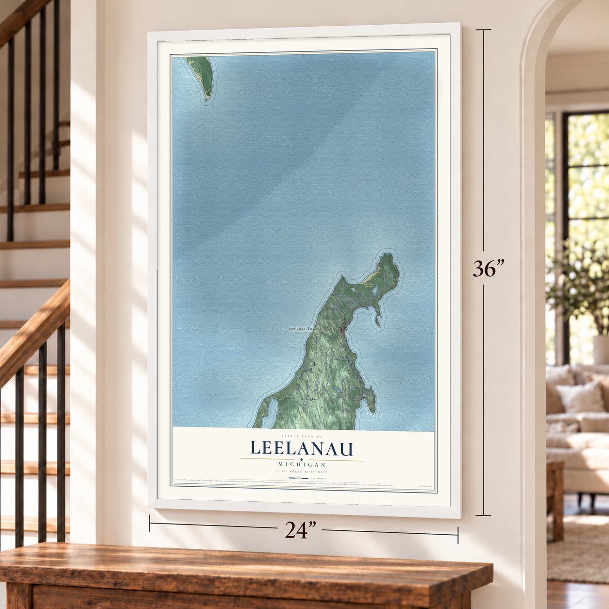 Leelanau, Michigan map, 24 x 36 inch print in a white frame by a staircase