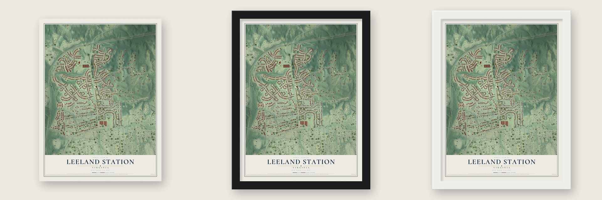 Leeland Station, Virginia map unframed, in a black wood frame and in a white wood frame