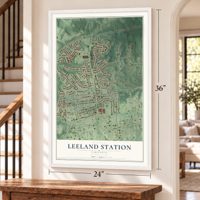 Leeland Station, Virginia map, 24 x 36 inch print in a white frame by a staircase