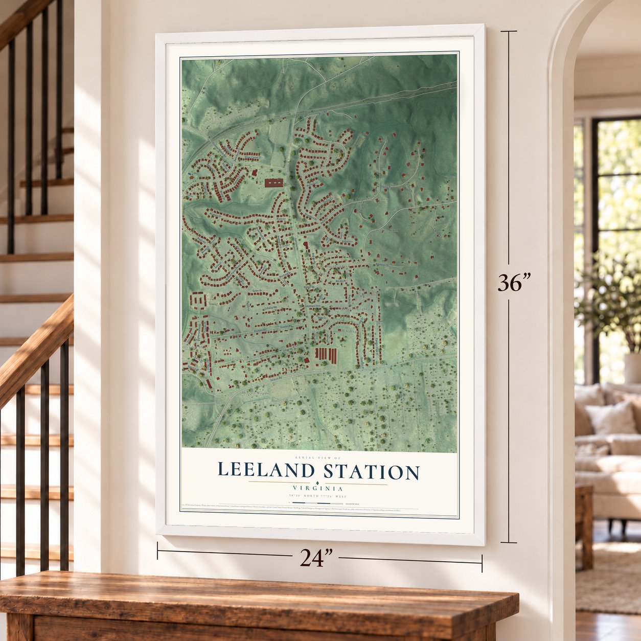 Leeland Station, Virginia map, 24 x 36 inch print in a white frame by a staircase