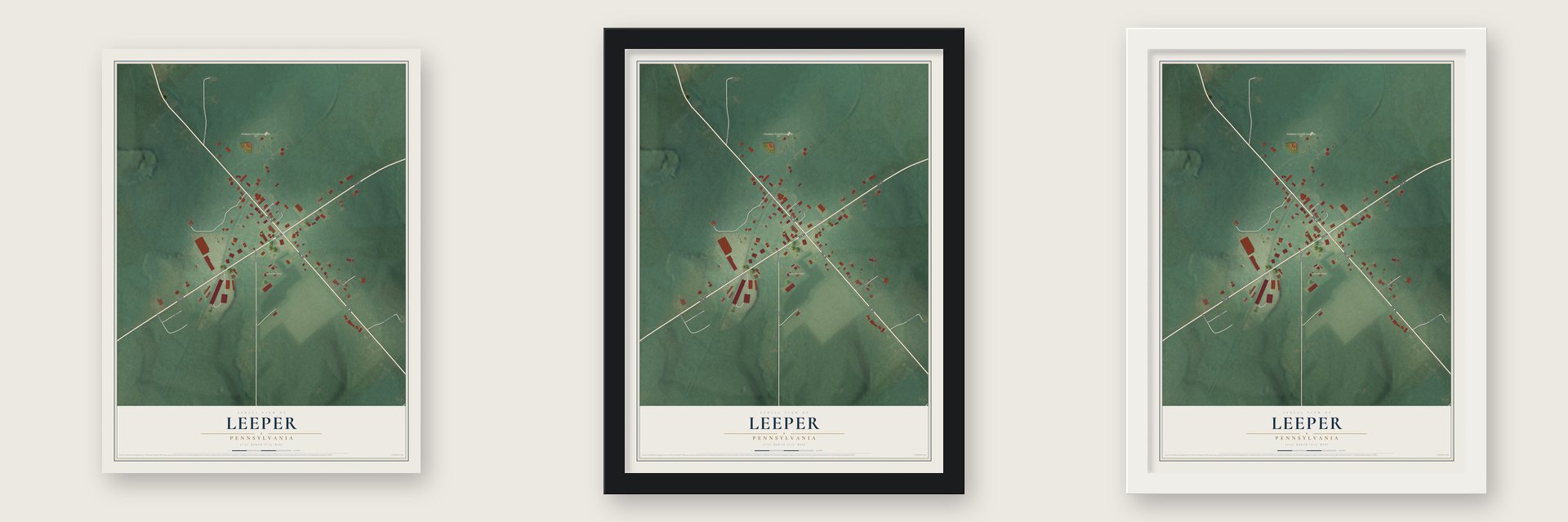 Leeper, Pennsylvania map unframed, in a black wood frame and in a white wood frame