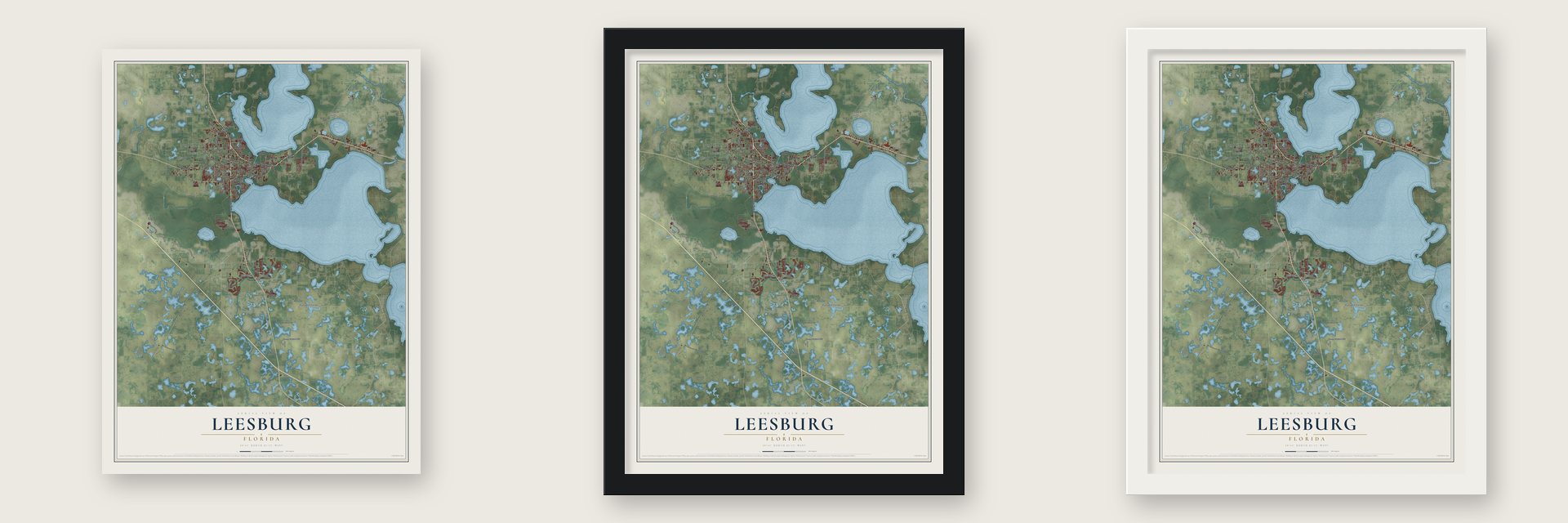 Leesburg, Florida map unframed, in a black wood frame and in a white wood frame