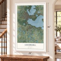Leesburg, Florida map, 24 x 36 inch print in a white frame by a staircase