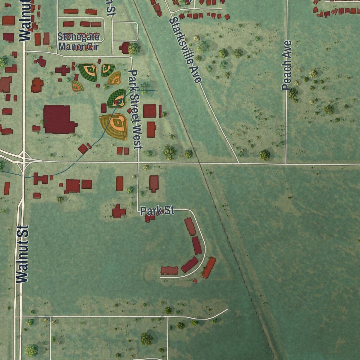 Second close-up of the map of Leesburg, Georgia print showing more streets and buildings