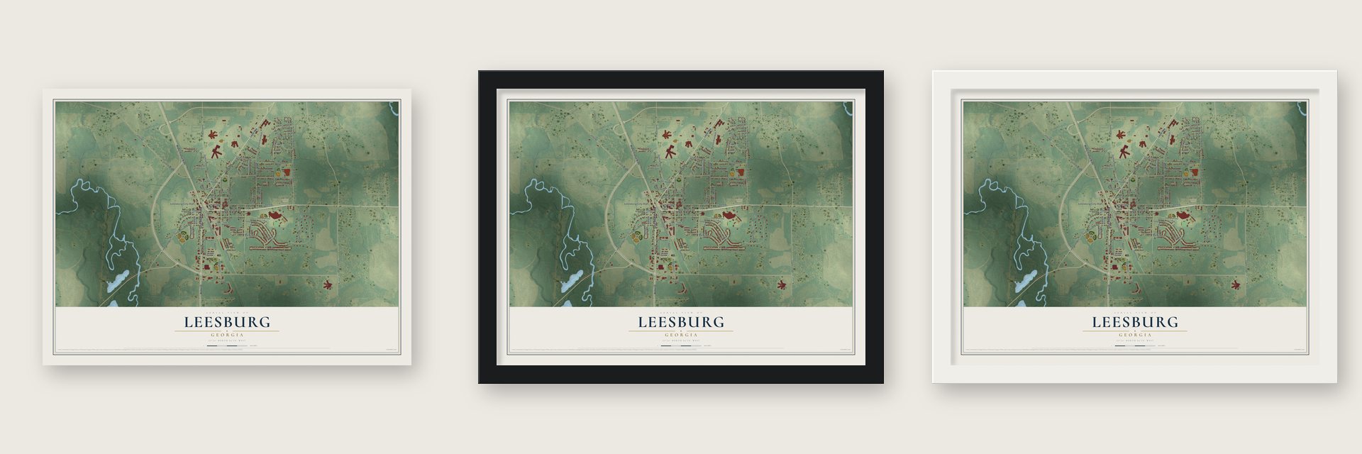 Leesburg, Georgia map unframed, in a black wood frame and in a white wood frame