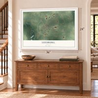 Leesburg, Georgia map, 24 x 36 inch print in a white frame above a dresser by a staircase