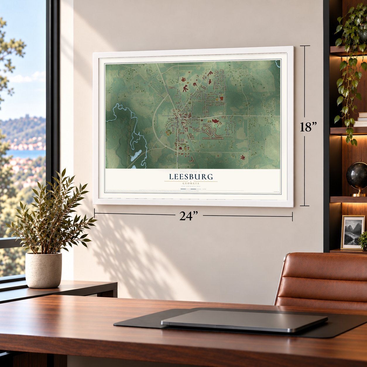 Leesburg, Georgia map, 18 x 24 inch print in a white frame in a home office