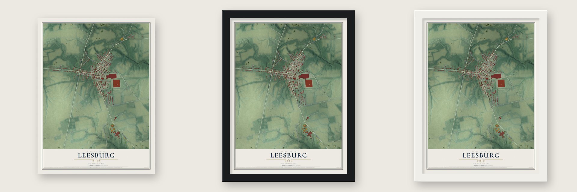 Leesburg, Ohio map unframed, in a black wood frame and in a white wood frame