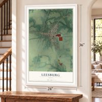 Leesburg, Ohio map, 24 x 36 inch print in a white frame by a staircase