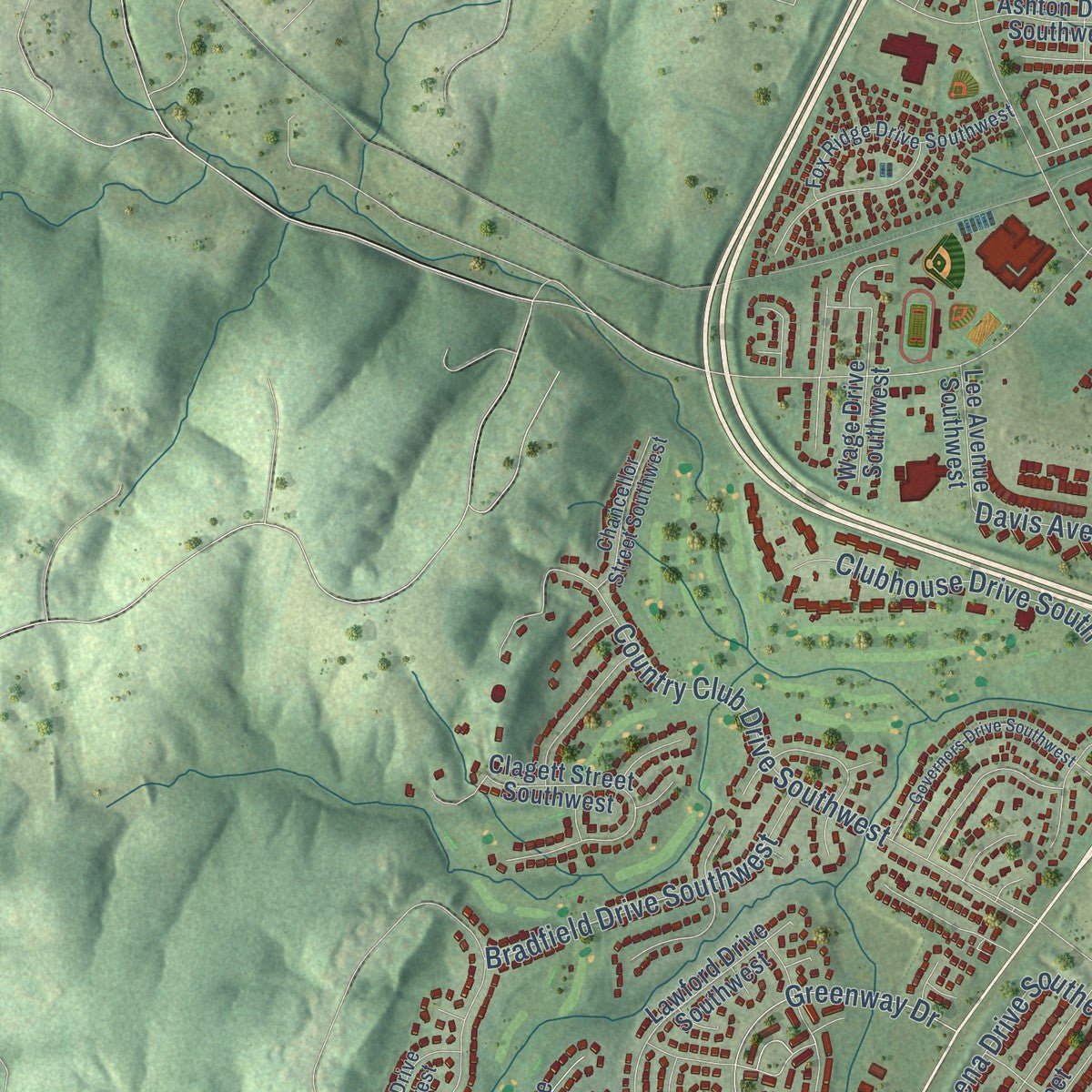 Second close-up of the map of Leesburg, Virginia print showing more streets and buildings