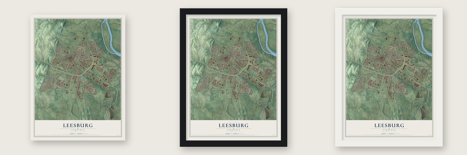 Leesburg, Virginia map unframed, in a black wood frame and in a white wood frame