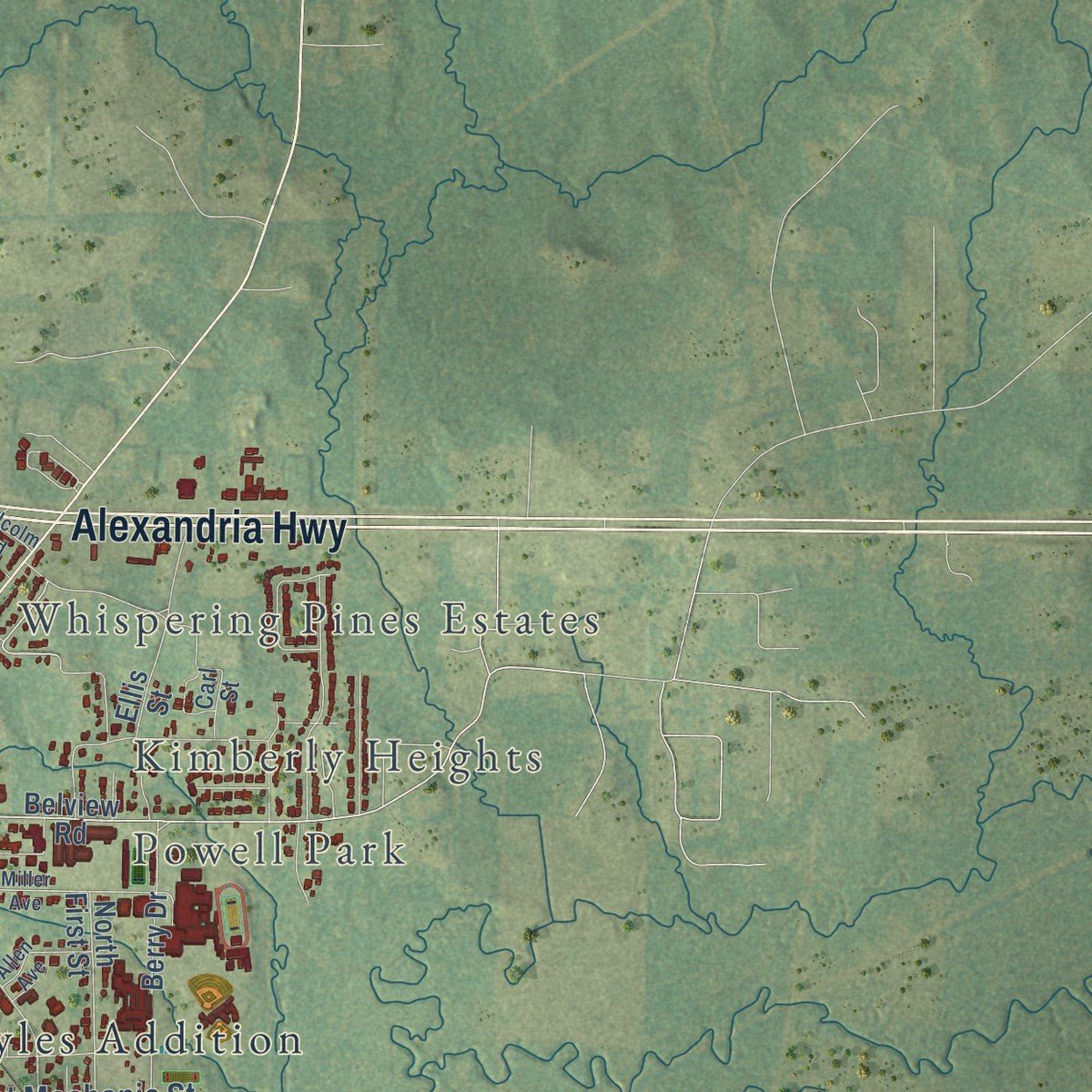 Second close-up of the map of Leesville, Louisiana print showing more streets and buildings