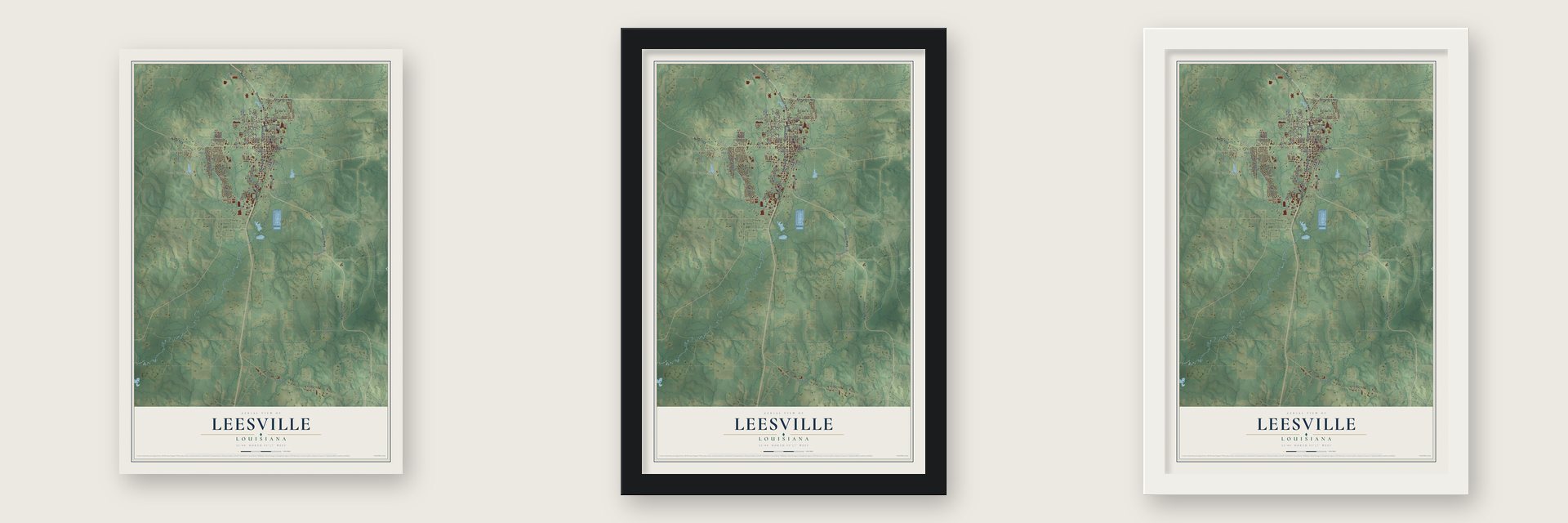 Leesville, Louisiana map unframed, in a black wood frame and in a white wood frame