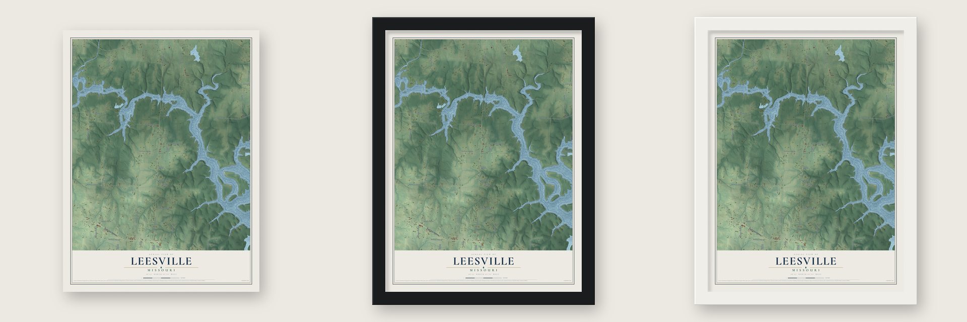 Leesville, Missouri map unframed, in a black wood frame and in a white wood frame