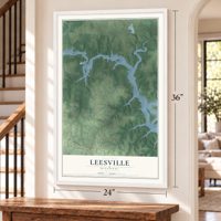 Leesville, Missouri map, 24 x 36 inch print in a white frame by a staircase
