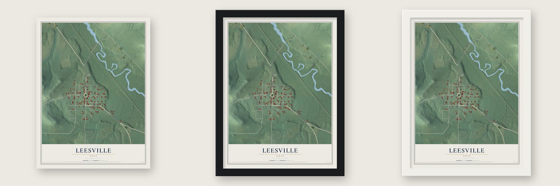 Leesville, Ohio map unframed, in a black wood frame and in a white wood frame