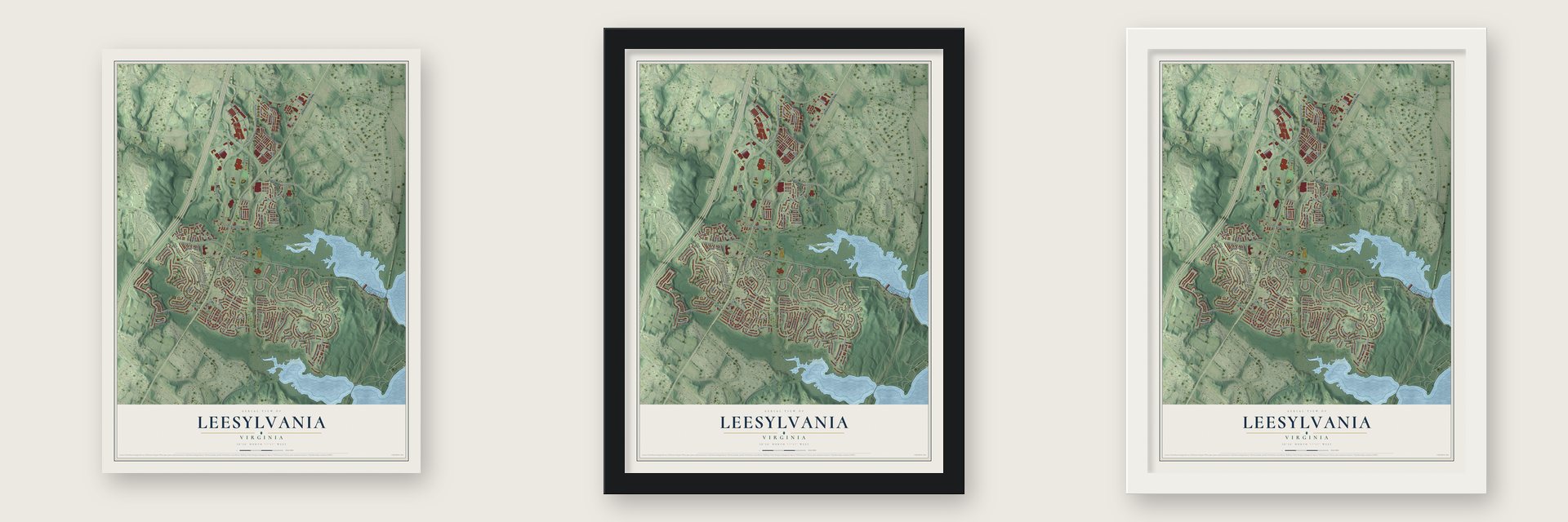 Leesylvania, Virginia map unframed, in a black wood frame and in a white wood frame