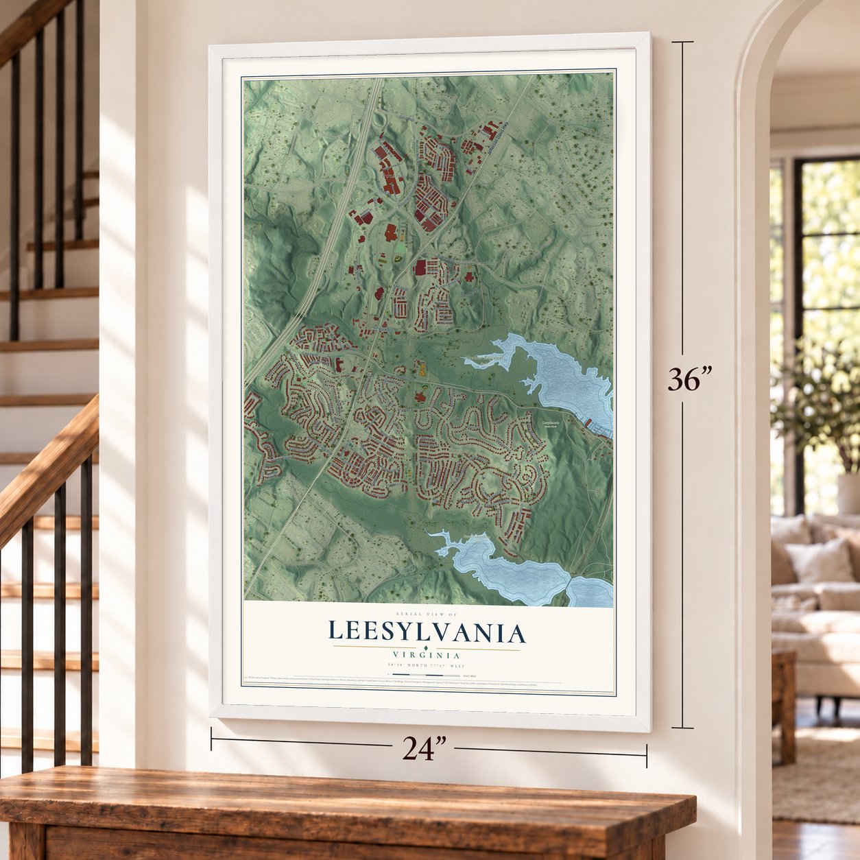 Leesylvania, Virginia map, 24 x 36 inch print in a white frame by a staircase