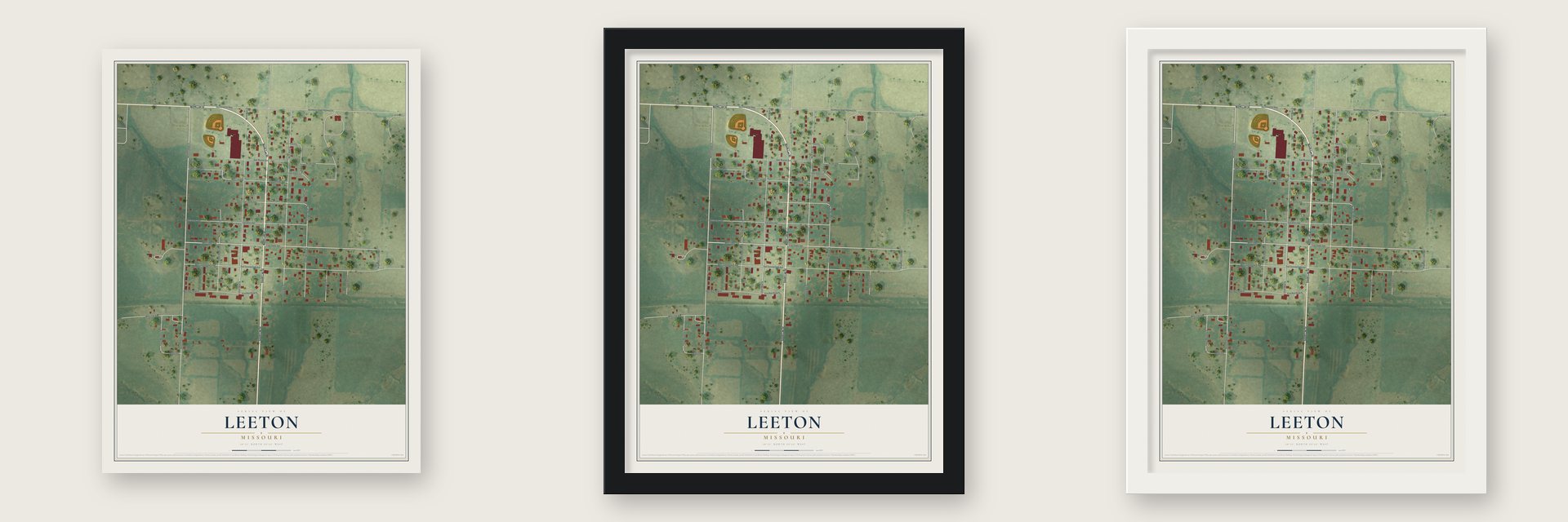 Leeton, Missouri map unframed, in a black wood frame and in a white wood frame