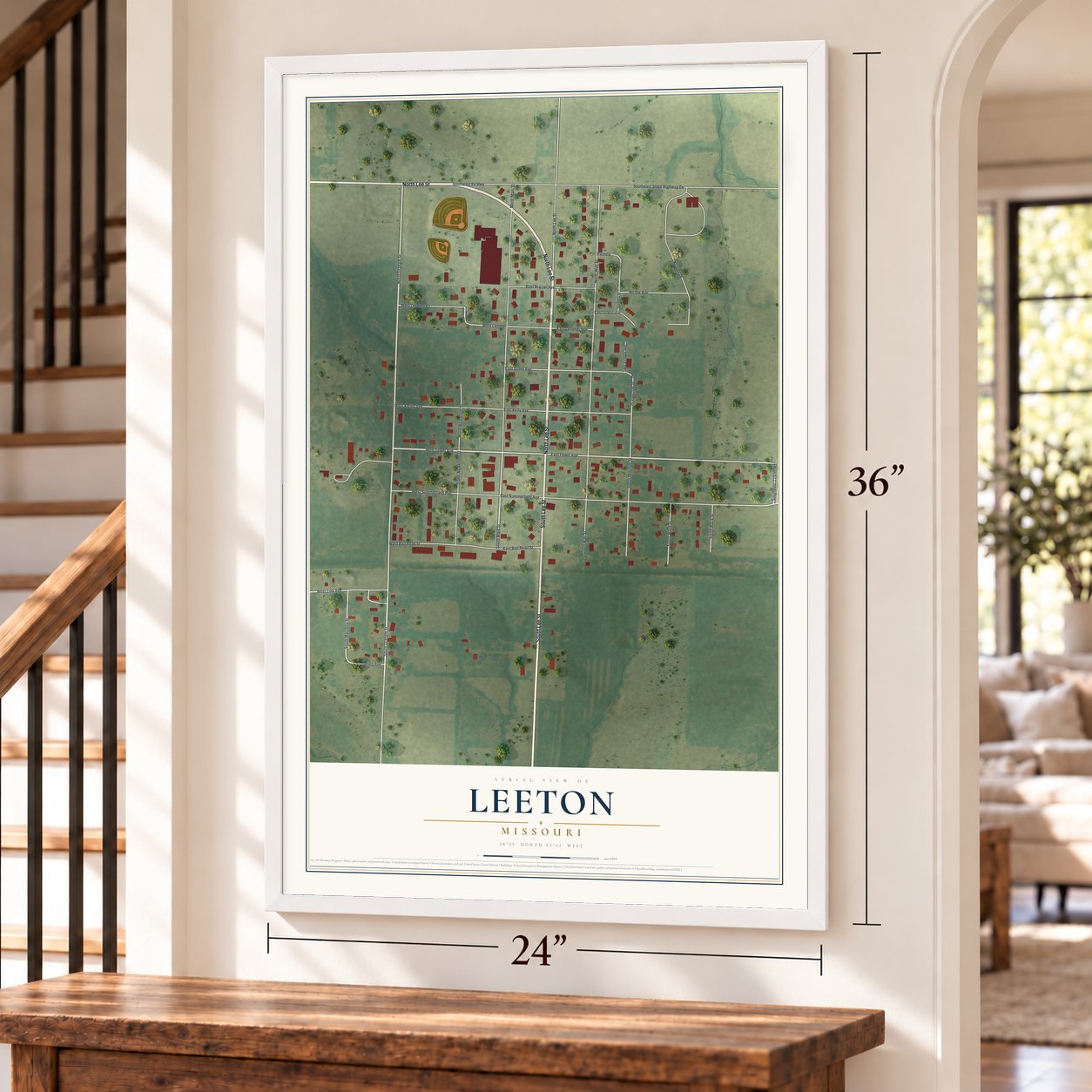 Leeton, Missouri map, 24 x 36 inch print in a white frame by a staircase