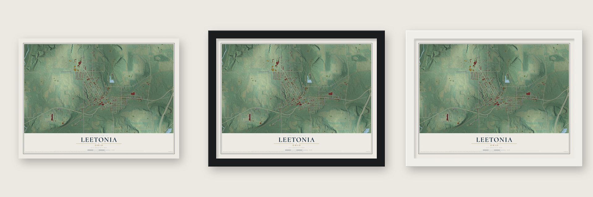 Leetonia, Ohio map unframed, in a black wood frame and in a white wood frame