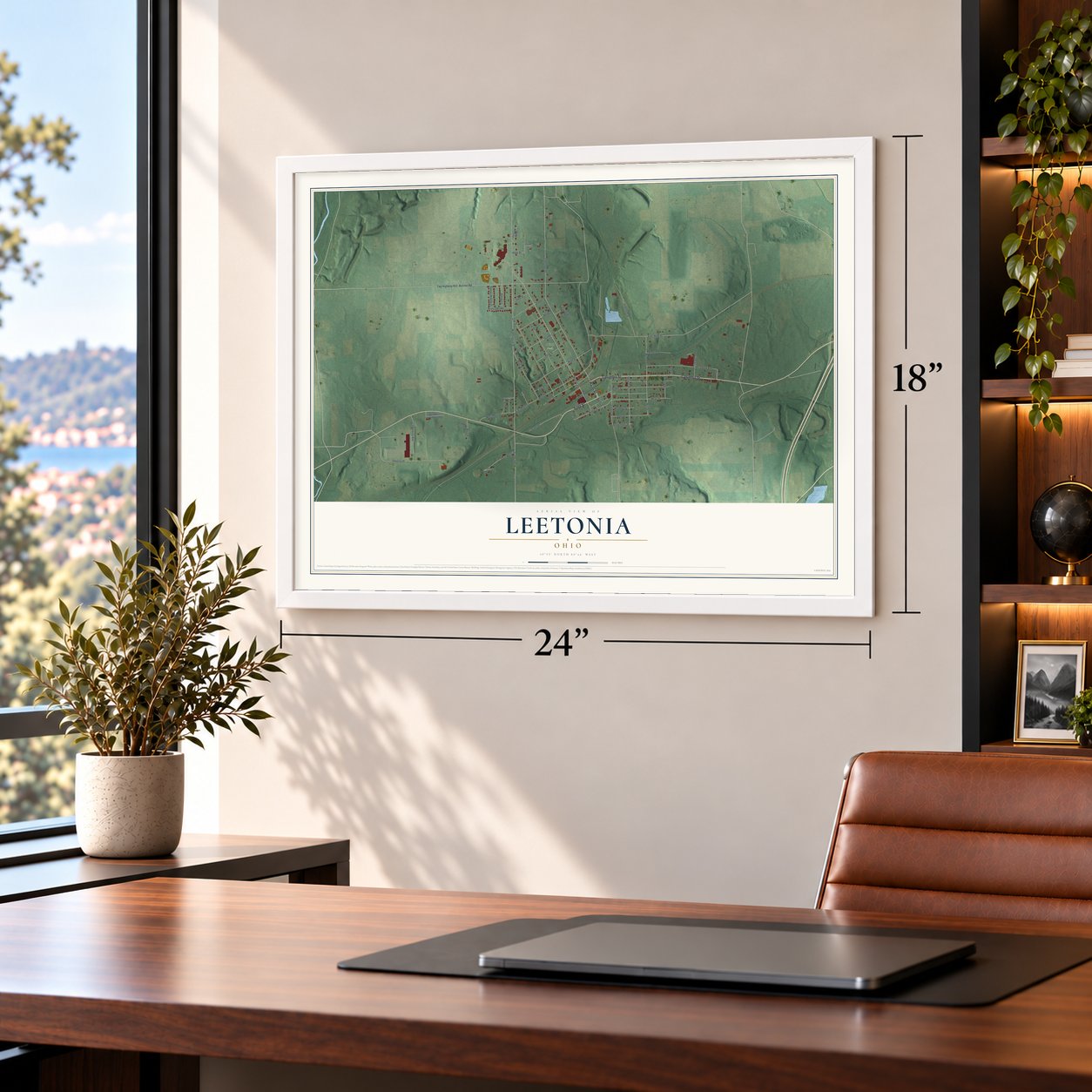 Leetonia, Ohio map, 18 x 24 inch print in a white frame in a home office