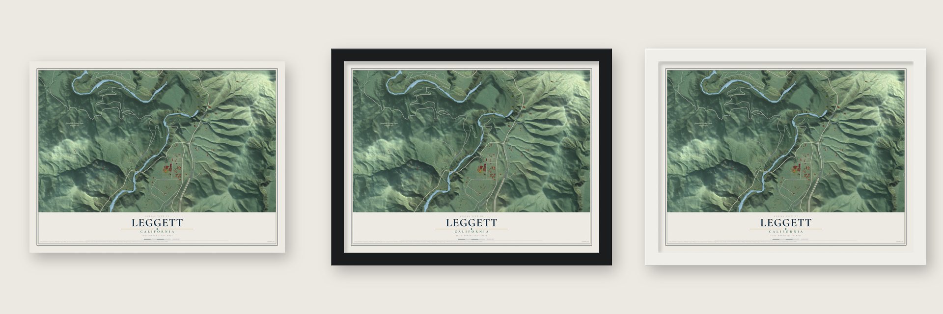 Leggett, California map unframed, in a black wood frame and in a white wood frame