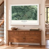 Leggett, California map, 24 x 36 inch print in a white frame above a dresser by a staircase
