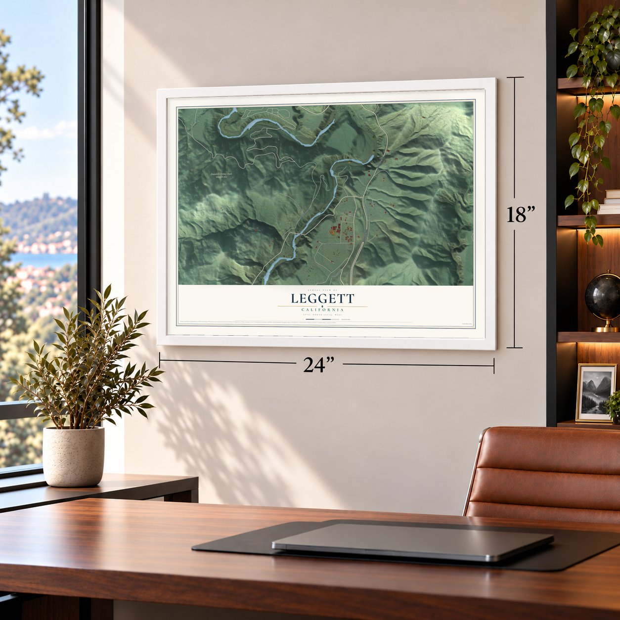 Leggett, California map, 18 x 24 inch print in a white frame in a home office