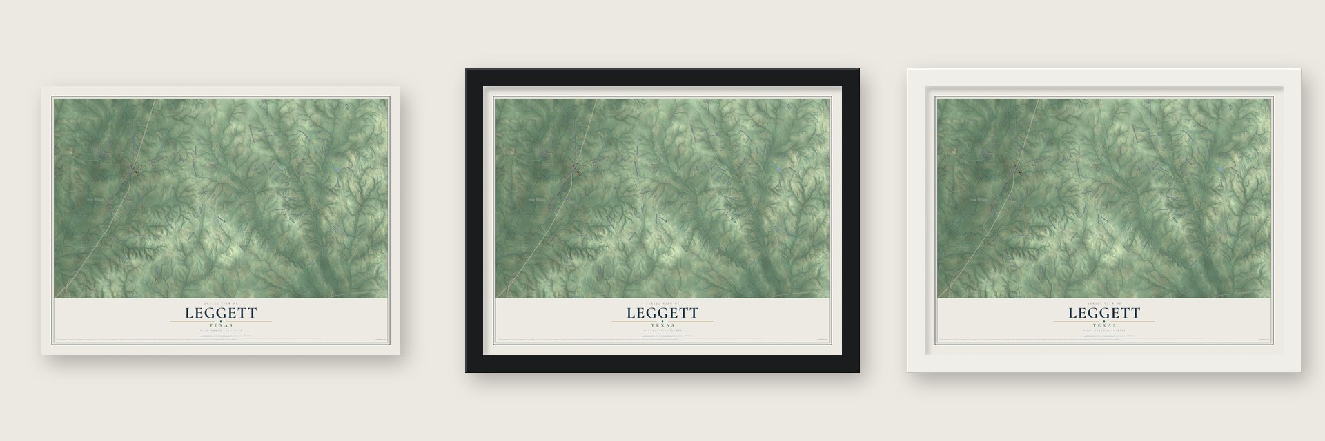Leggett, Texas map unframed, in a black wood frame and in a white wood frame