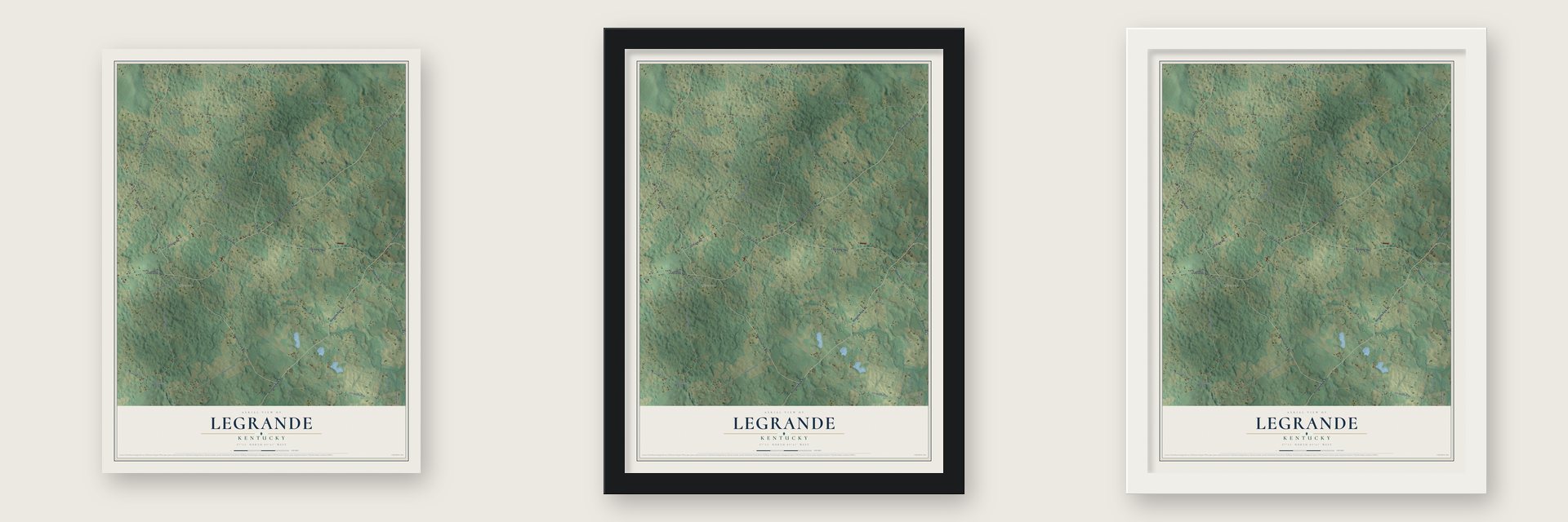 LeGrande, Kentucky map unframed, in a black wood frame and in a white wood frame