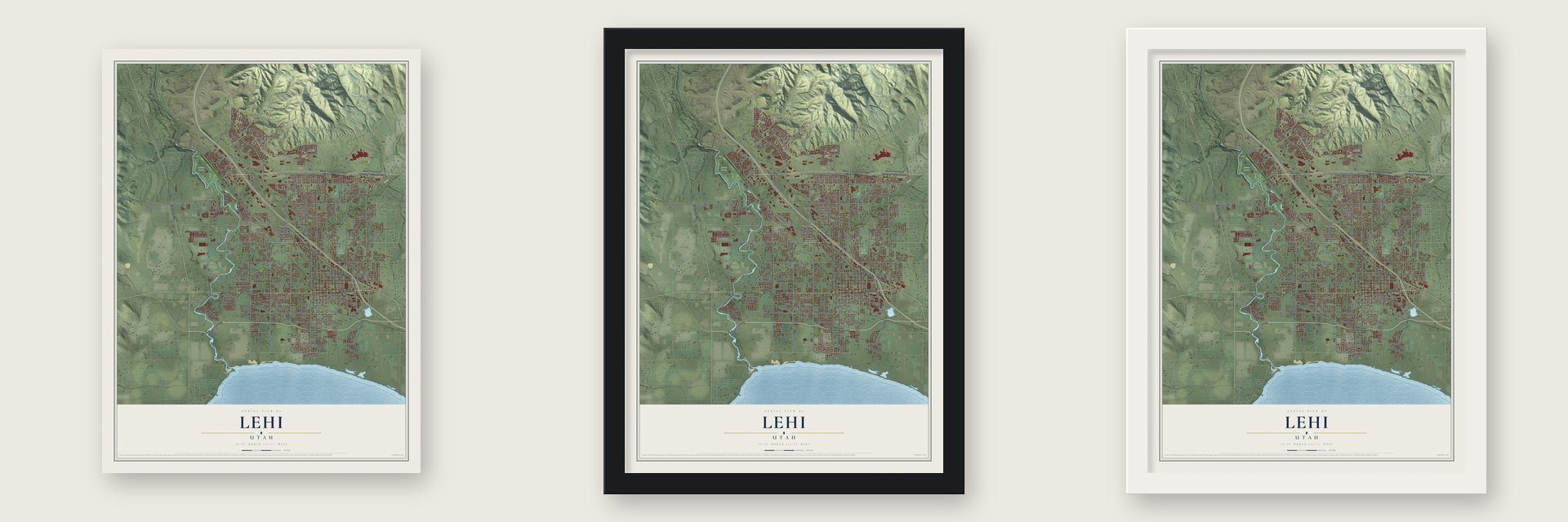 Lehi, Utah map unframed, in a black wood frame and in a white wood frame
