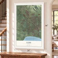 Lehi, Utah map, 24 x 36 inch print in a white frame by a staircase