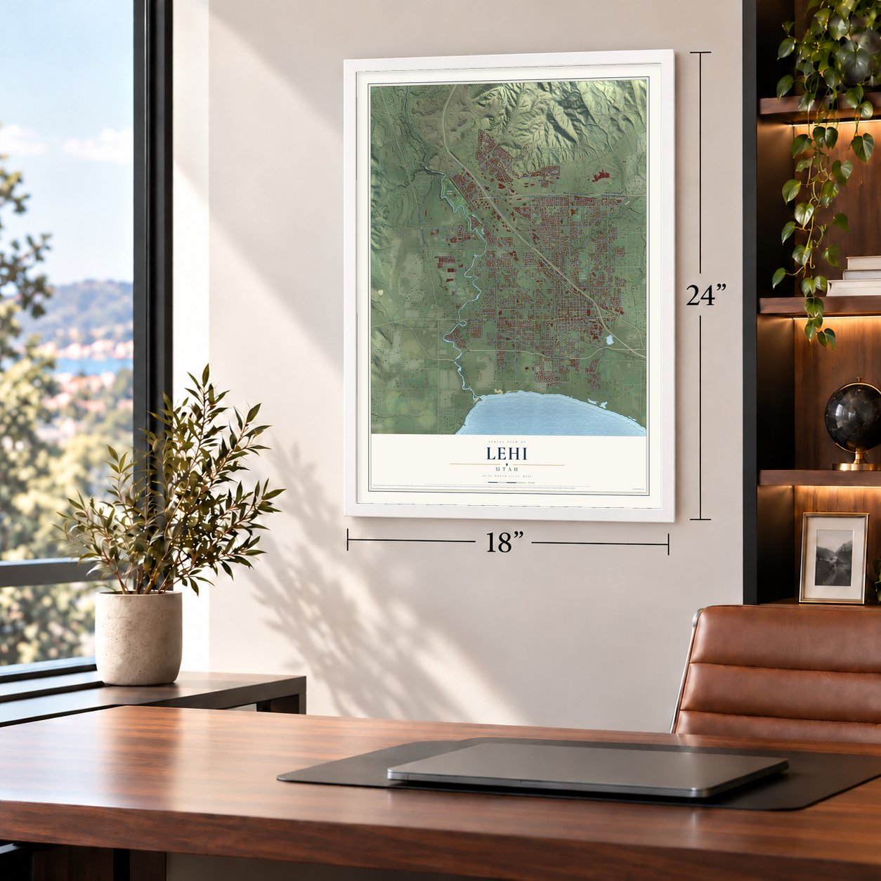 Lehi, Utah map, 18 x 24 inch print in a white frame in a home office
