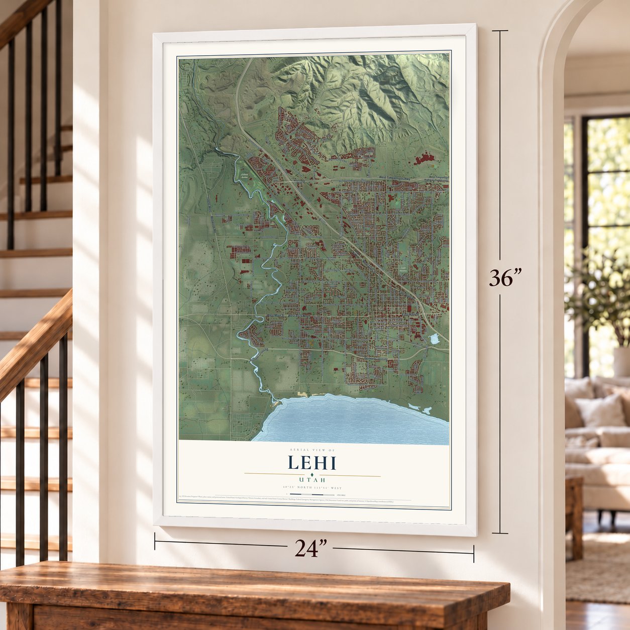 Lehi, Utah map, 24 x 36 inch print in a white frame by a staircase