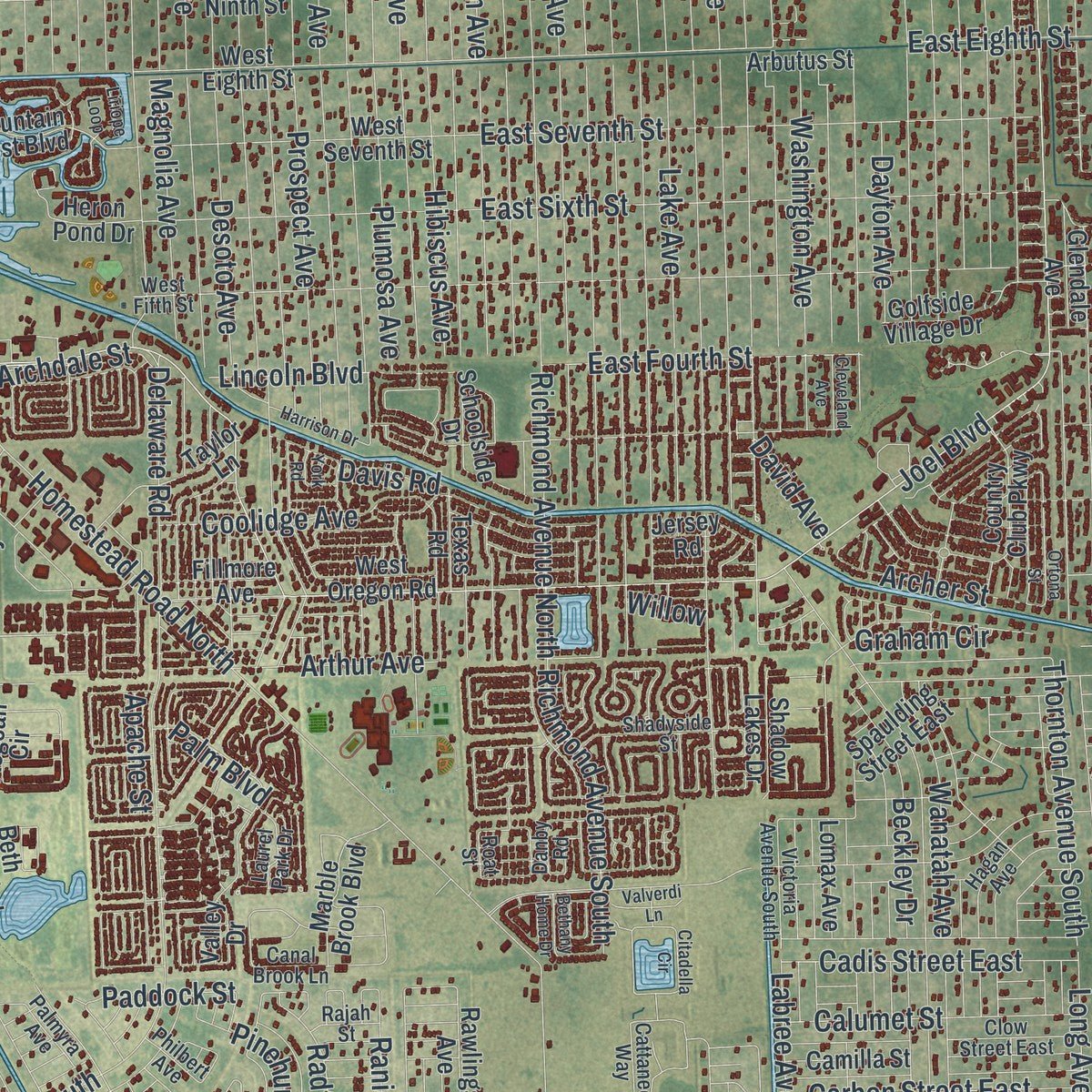 Second close-up of the map of Lehigh Acres, Florida print showing more streets and buildings