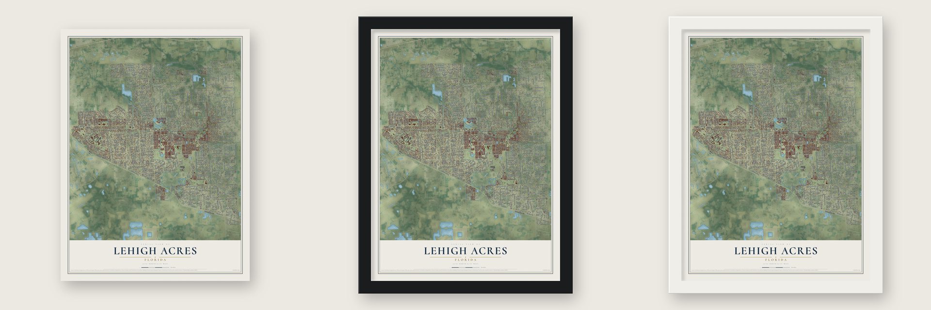 Lehigh Acres, Florida map unframed, in a black wood frame and in a white wood frame