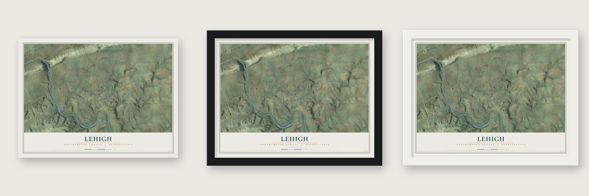 Lehigh, Northampton County, Pennsylvania map unframed, in a black wood frame and in a white wood frame