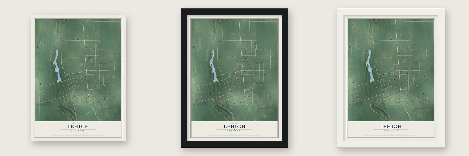 Lehigh, Oklahoma map unframed, in a black wood frame and in a white wood frame