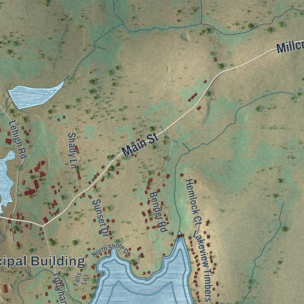 Second close-up of the map of Lehigh, Wayne County, Pennsylvania print showing more streets and buildings