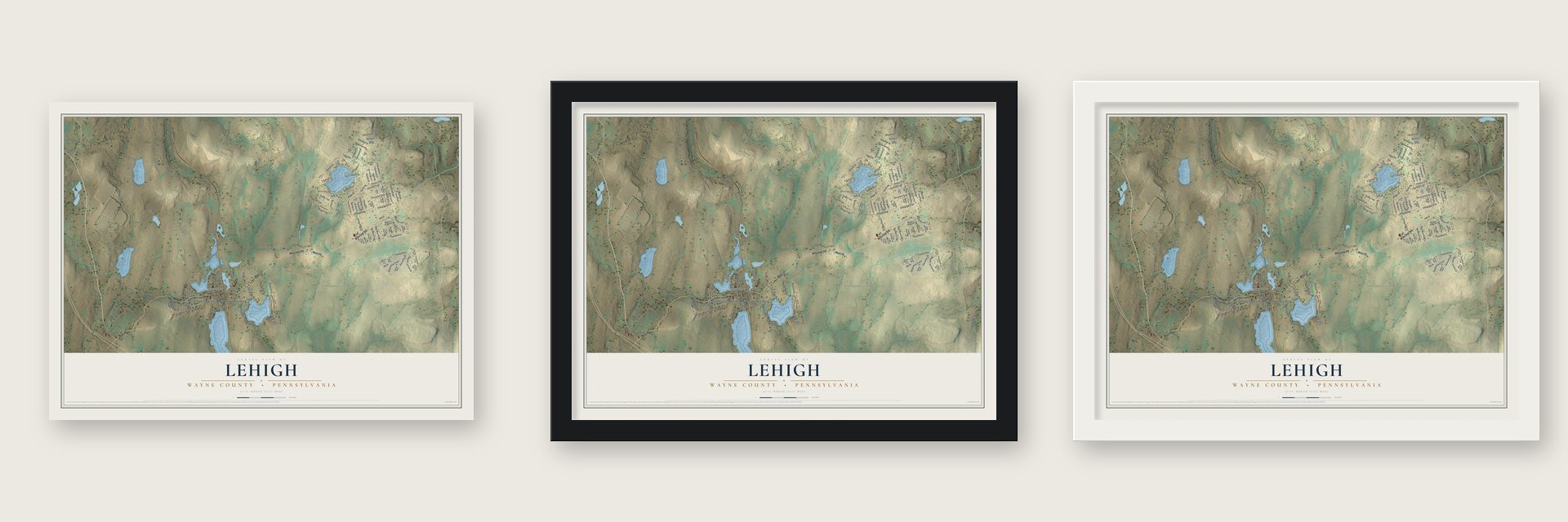 Lehigh, Wayne County, Pennsylvania map unframed, in a black wood frame and in a white wood frame